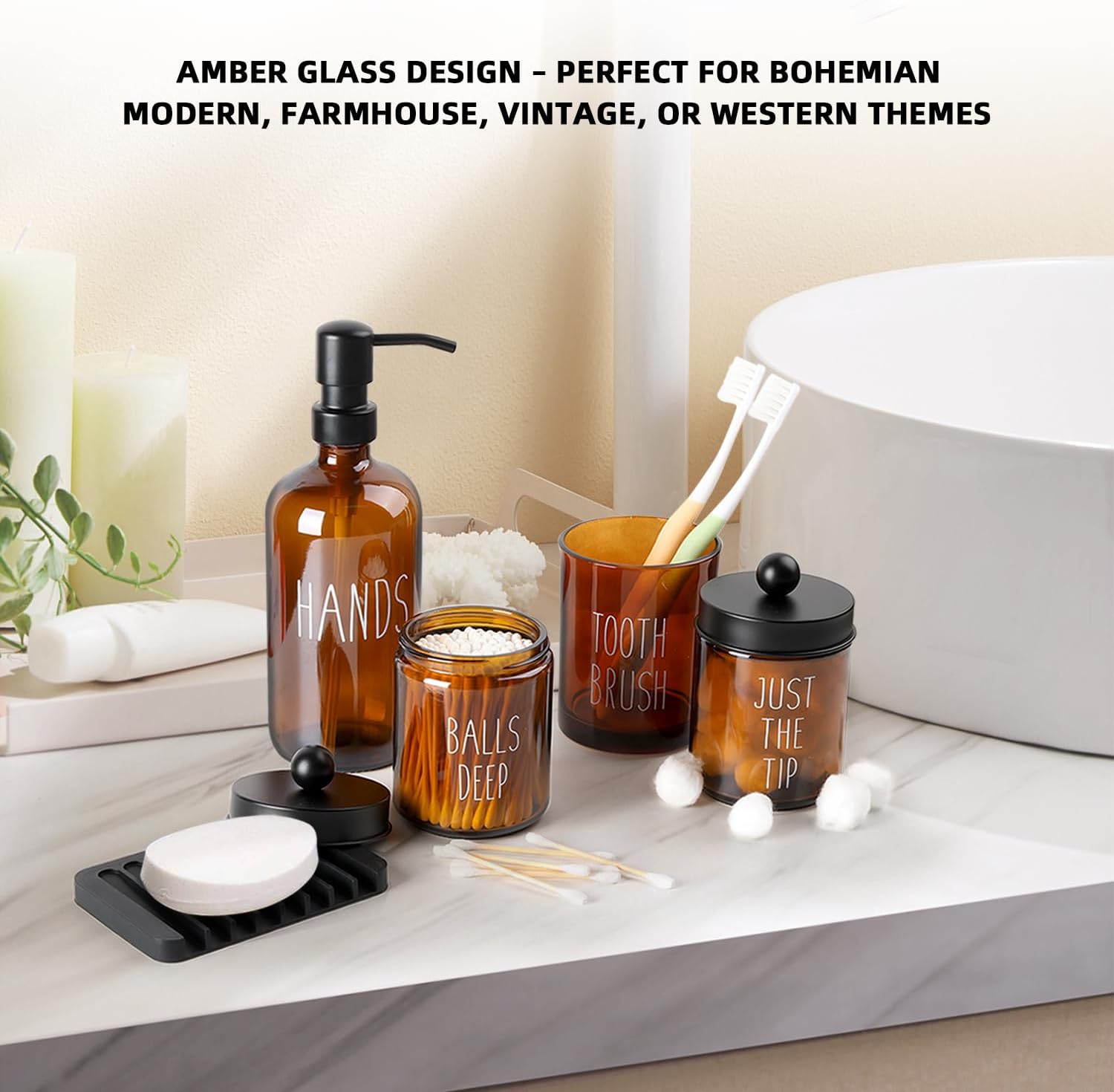 Bathroom Accessories Set, Glass Soap Dispenser, Soap and Toothbrush Holder, Qtip and Cotton Ball Holder -5 Pcs Bathroom Accessories Set, Glass Soap Dispenser, Soap and Toothbrush Holder, Qtip and Cotton Ball Holder -5 Pcs